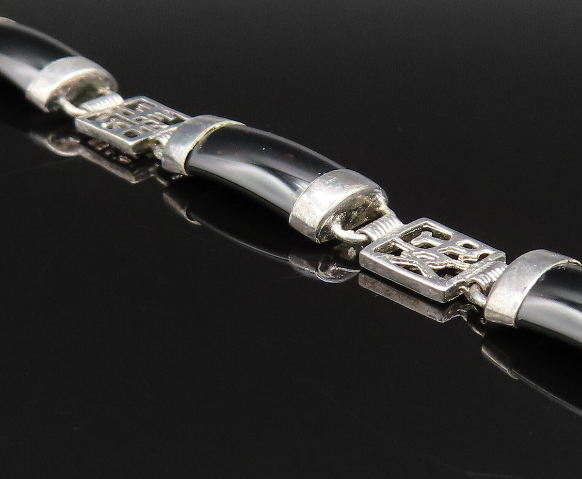 925 Sterling Silver Vintage Curved Black Onyx Bar & Characters Bracelet BT9508