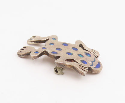 925 Sterling Silver Vintage Brooch Pin Lapis Lazuli Inlay Leaping Frog  BP12306