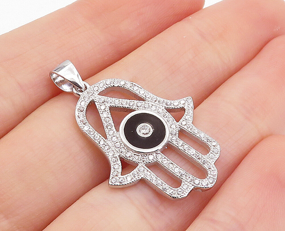 925 Sterling Silver  Shiny Topaz & Enamel Detail Open Hamsa Pendant  PT5569