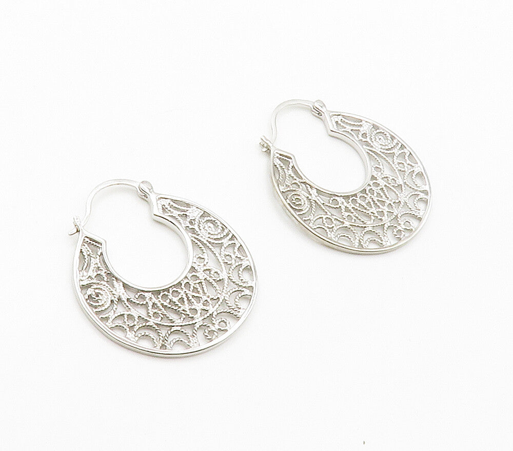 925 Sterling Silver  Shiny Swirl Twist Ornate Design Hoop Earrings  EG7591