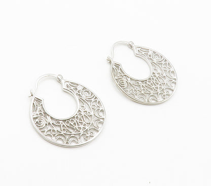 925 Sterling Silver  Shiny Swirl Twist Ornate Design Hoop Earrings  EG7591