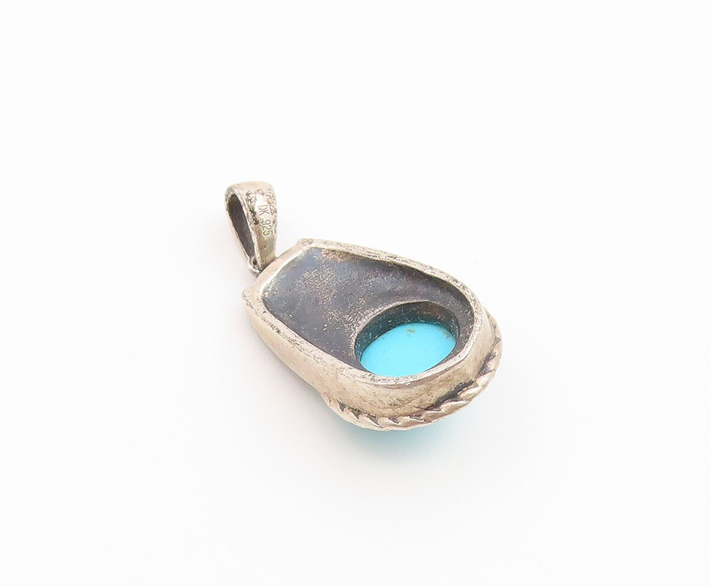 925 Sterling Silver Vintage Pendant Cabochon Turquoise Scrollwork Charm  PT26546