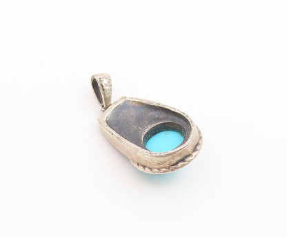 925 Sterling Silver Vintage Pendant Cabochon Turquoise Scrollwork Charm  PT26546