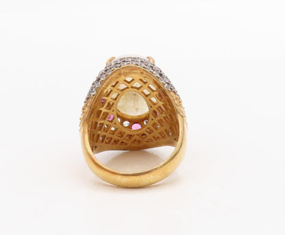 925 Sterling Silver Vintage Ring Gold Plated Moonstone & Pink CZ Sz 6.5 RG30964