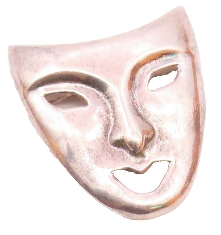 925 Sterling Silver  Vintage Shiny Drama Theater Mask Brooch Pin  BP7882