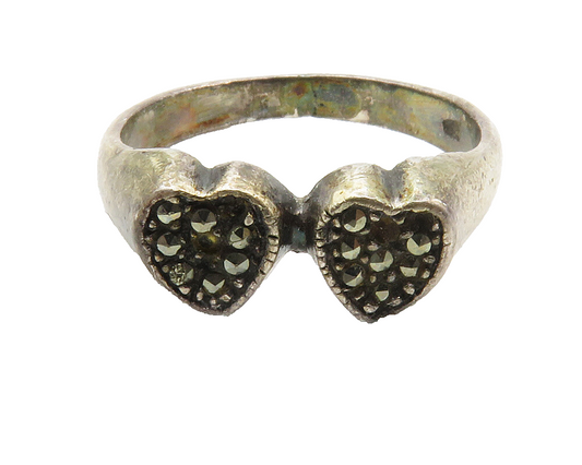 925 Sterling Silver  Vintage Marcasite Love Hearts Band Ring Sz 6.5  RG14307