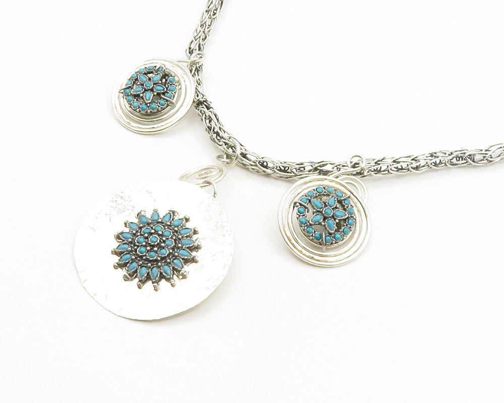 DESIGNER 925 Sterling Silver Vintage Turquoise Floral Chain Necklace NE3264