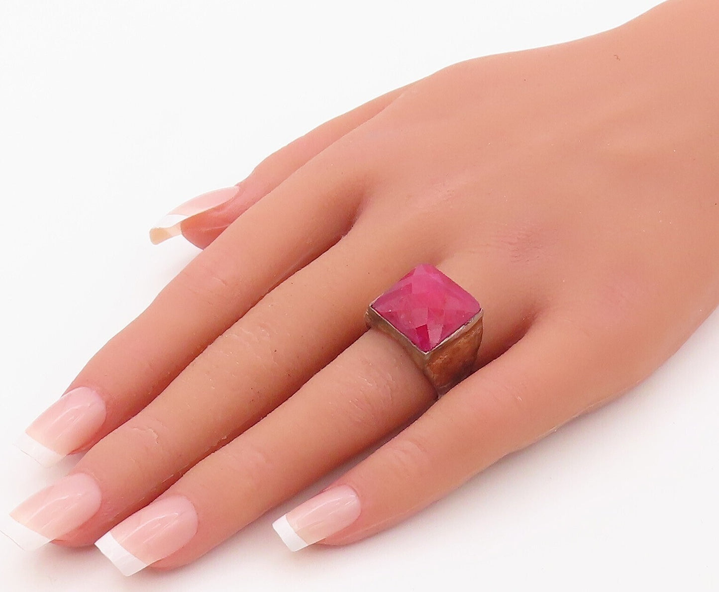 925 Sterling Silver Vintage Ring Real Square Cut Gemstone Inlay  Sz 7 RG30790