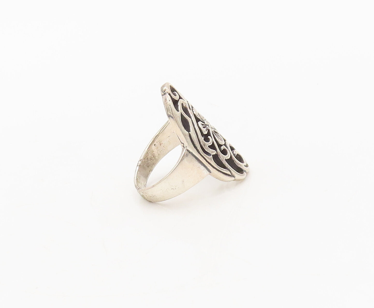 925 Sterling Silver Vintage Ring Swirly Carved Floral Solid Large Sz 8  RG27691