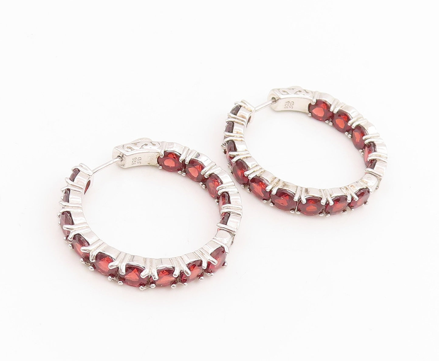 925 Sterling Silver Vintage Earrings Round Red Garnet Modernist Hoops  EG13742