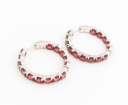 925 Sterling Silver Vintage Earrings Round Red Garnet Modernist Hoops  EG13742