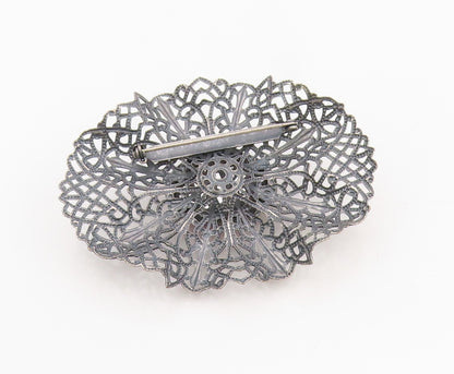 925 Sterling Silver Vintage Brooch Faceted Pink Topaz Openwork Petal  BP12096