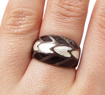 925 Sterling Silver  Vintage Enamel Love Heart Band Ring Sz 7.5  RG2996