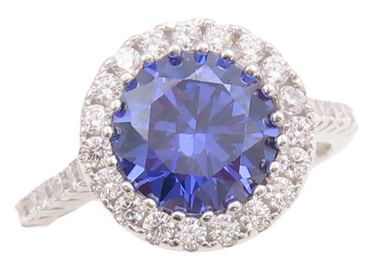 925 Sterling Silver Vintage Ring Round Cut Sapphire Halo CZ  Sz 6  RG30617