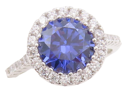 925 Sterling Silver Vintage Ring Round Cut Sapphire Halo CZ  Sz 6  RG30617