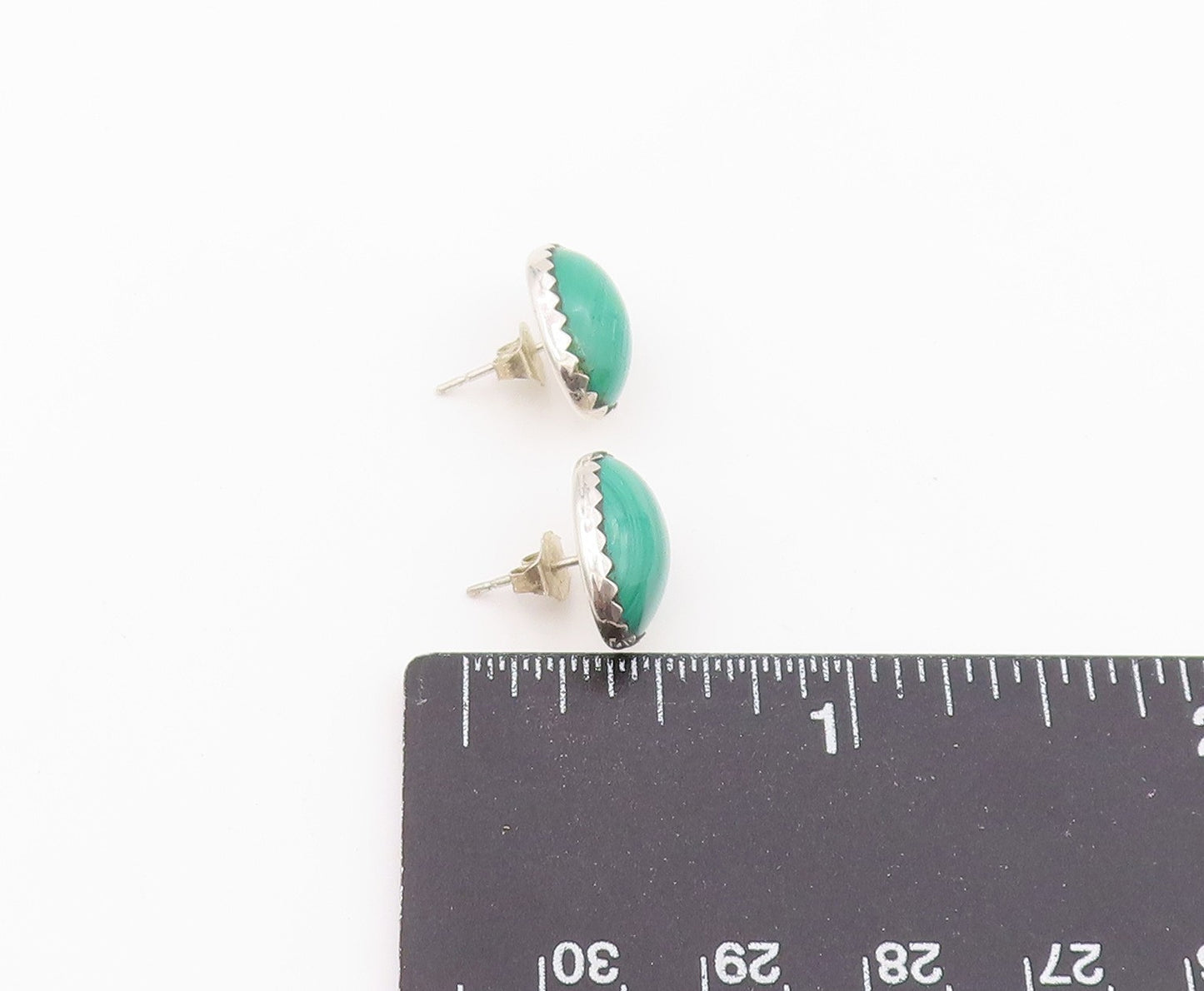 925 Sterling Silver Vintage Earrings Minimalist Cabochon Malachite Stud  EG14448
