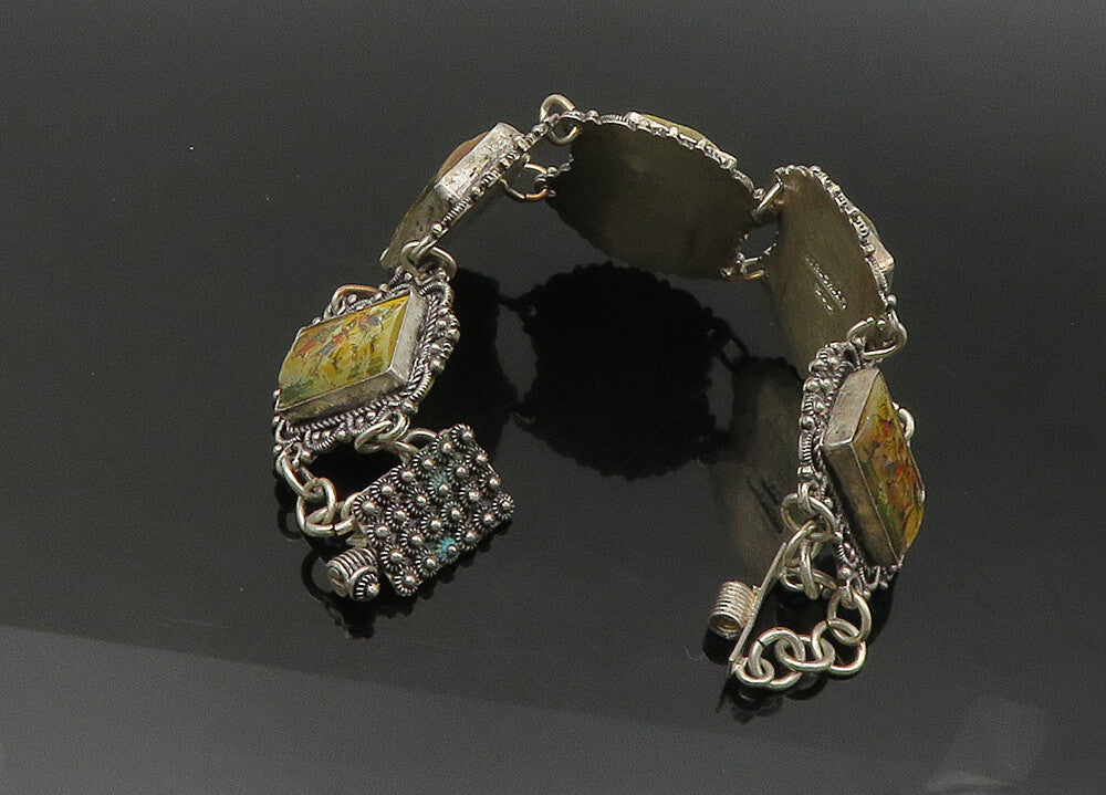 JERUSALEM 925 Sterling Silver Vintage Enameled Storyteller Bracelet  BT8705