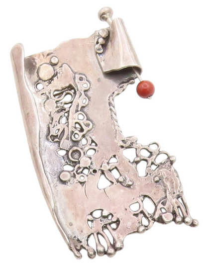 925 Sterling Silver Vintage Brooch Modernist Artisan Designed Red Bead  BP11802