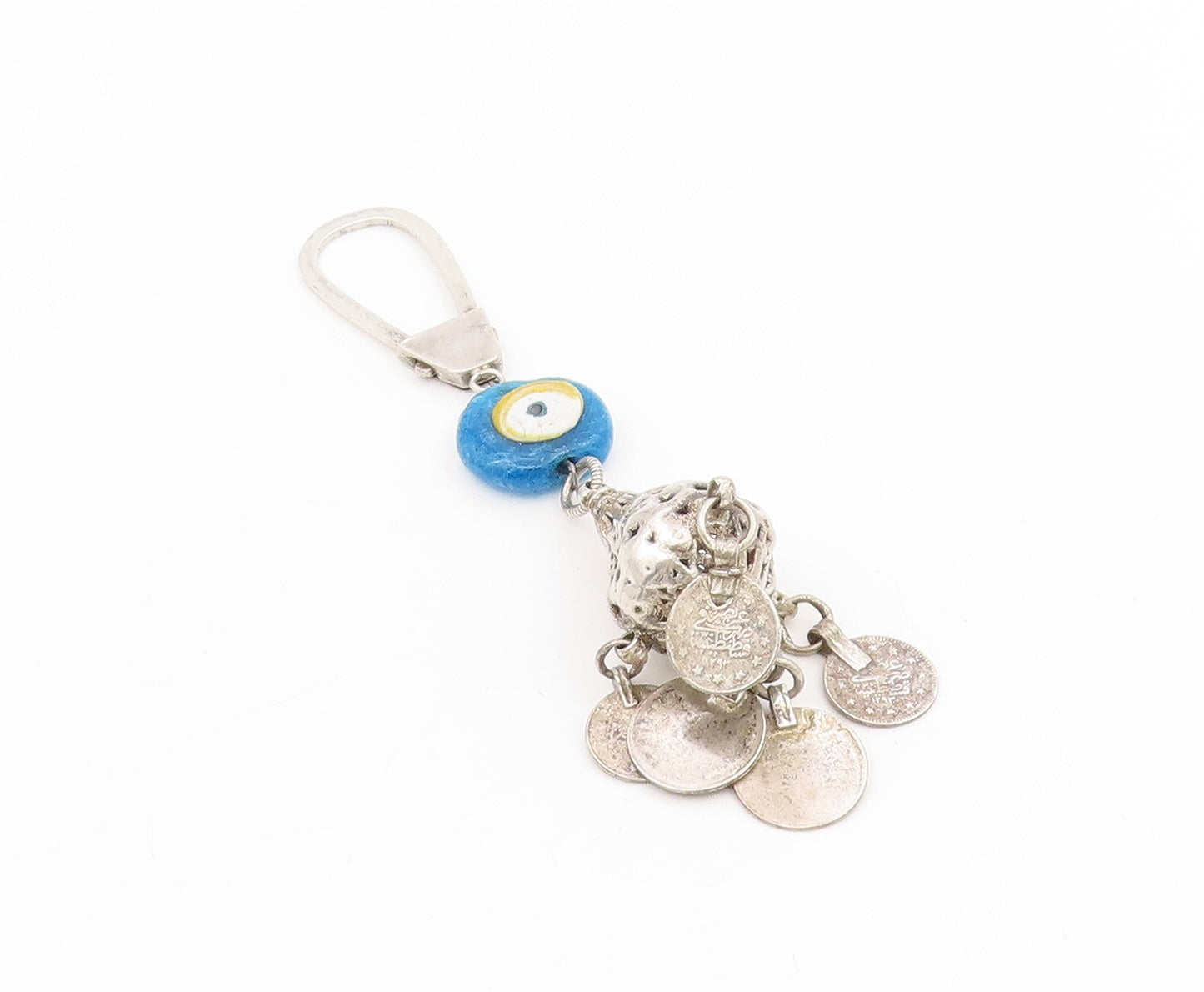 925 Sterling Silver Vintage Keychain Hamsa Evil Eye With Dangling Coins  TR4131
