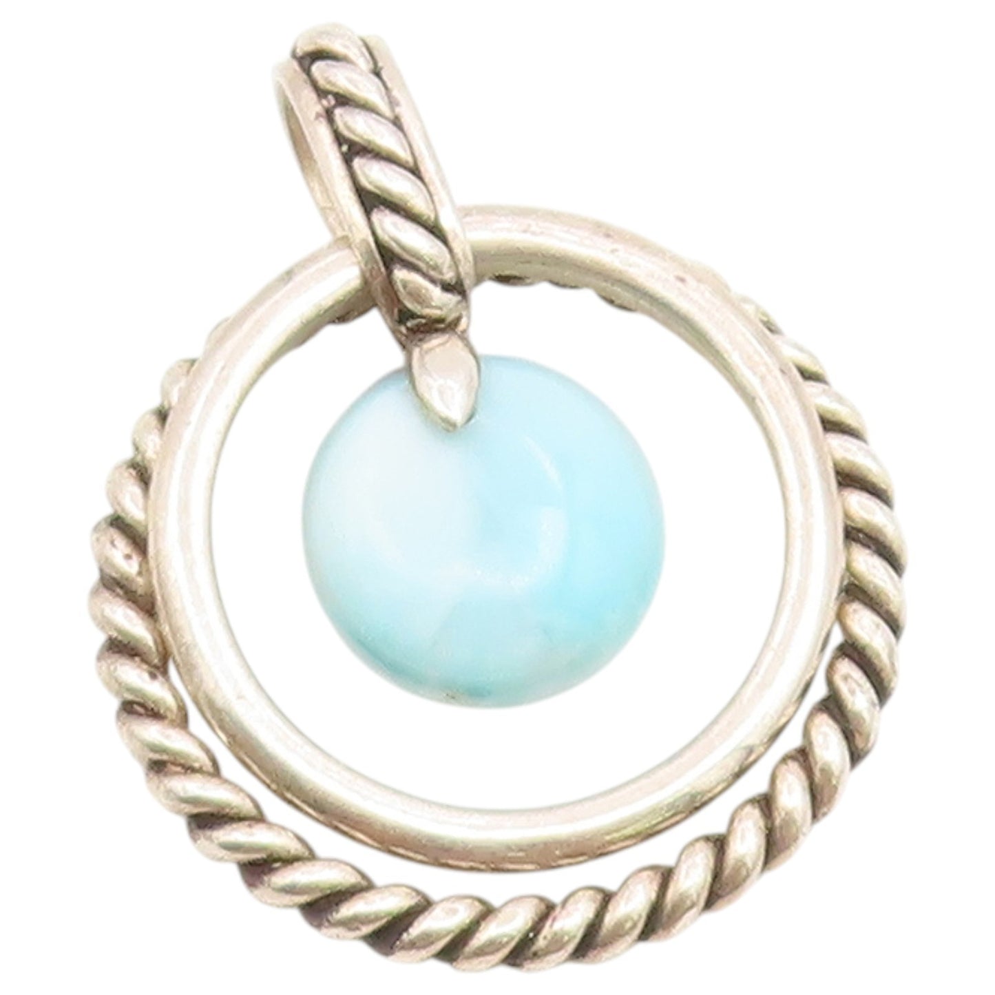 925 Sterling Silver Vintage Pendant Classic Larimar Twisted Rope Circle  PT26557