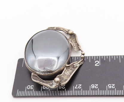 925 Sterling Silver Vintage Brooch Cabochon Hematite Pewter Dish Design  BP11850