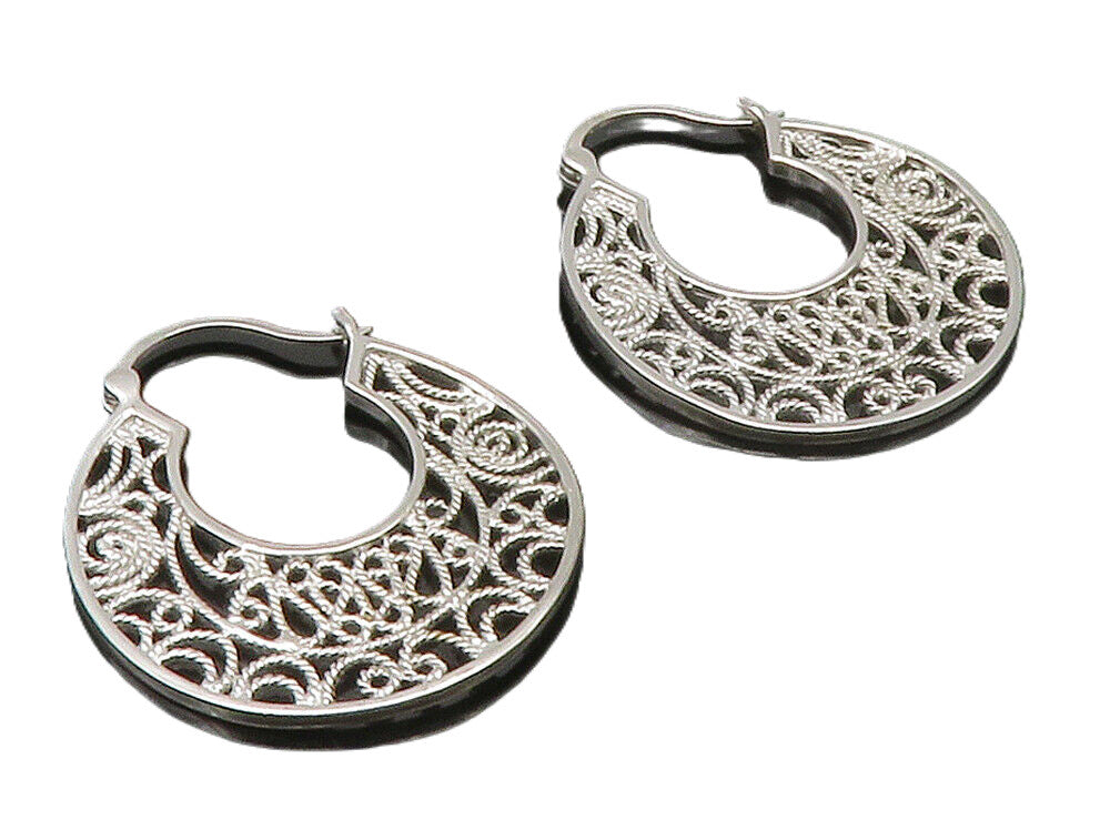 925 Sterling Silver  Shiny Swirl Twist Ornate Design Hoop Earrings  EG7591