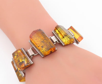 925 Sterling Silver Vintage Bracelet POLAND Designer Honey Amber Band  BT11053
