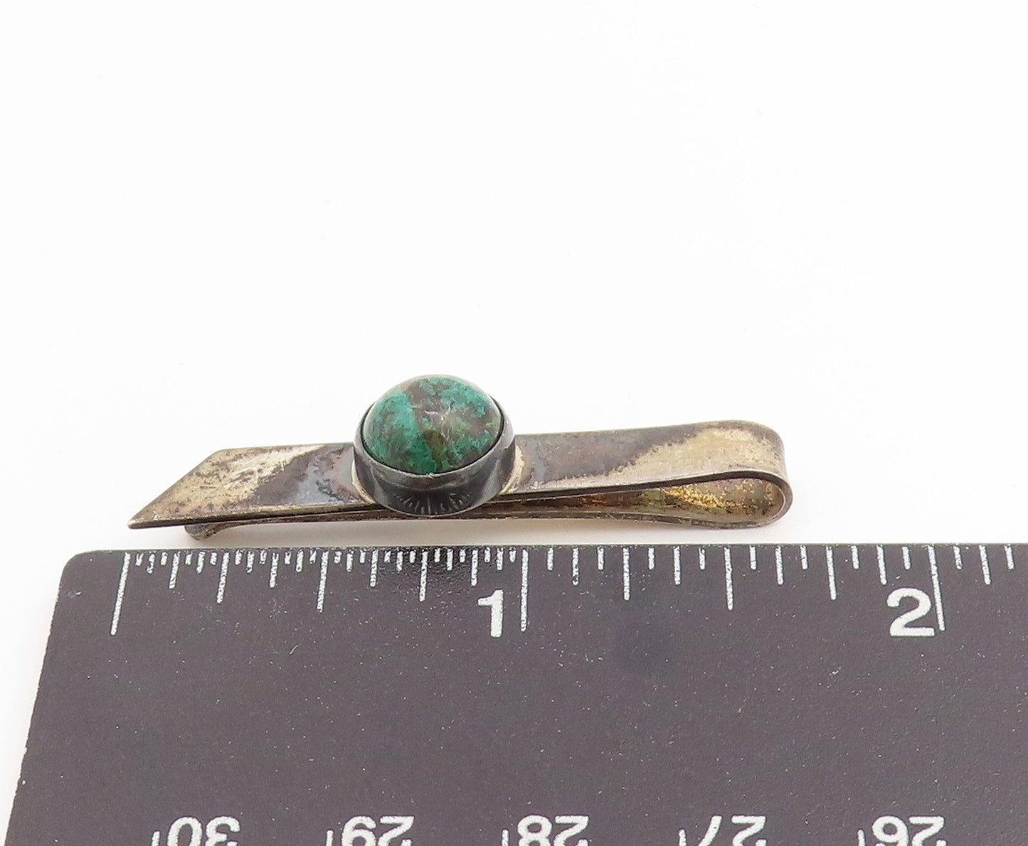 925 Sterling Silver Vintage Tie Clip ISRAEL Round Cabochon Malachite Pin  TR4026