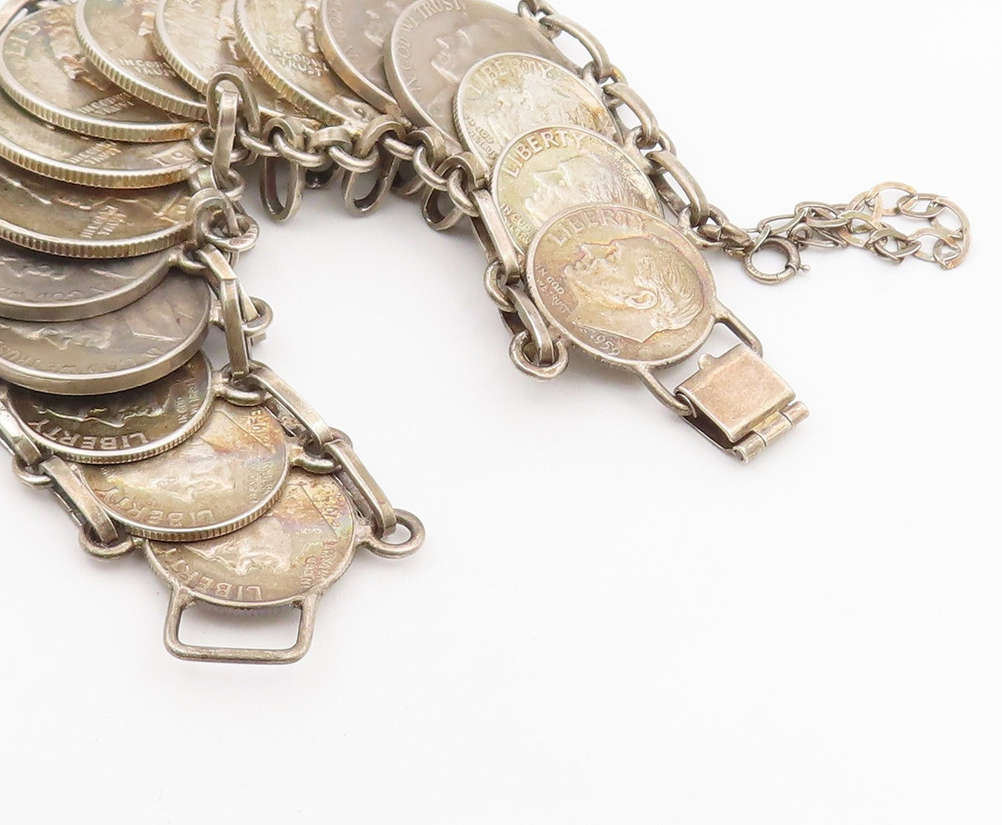 925 Sterling Silver Vintage Bracelet Articulated Liberty Multi Coin Link BT12157