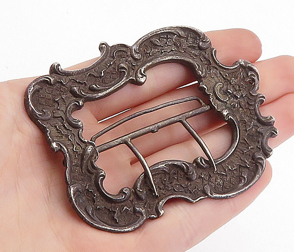 925 Sterling Silver  Vintage Antique Oxidized Floral Swirl Belt Buckle  TR1192