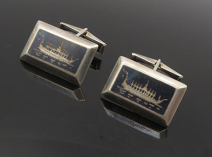 SIAM 925 Sterling Silver  Vintage Enamel Dragon Boat Square Cuff Links  TR1568