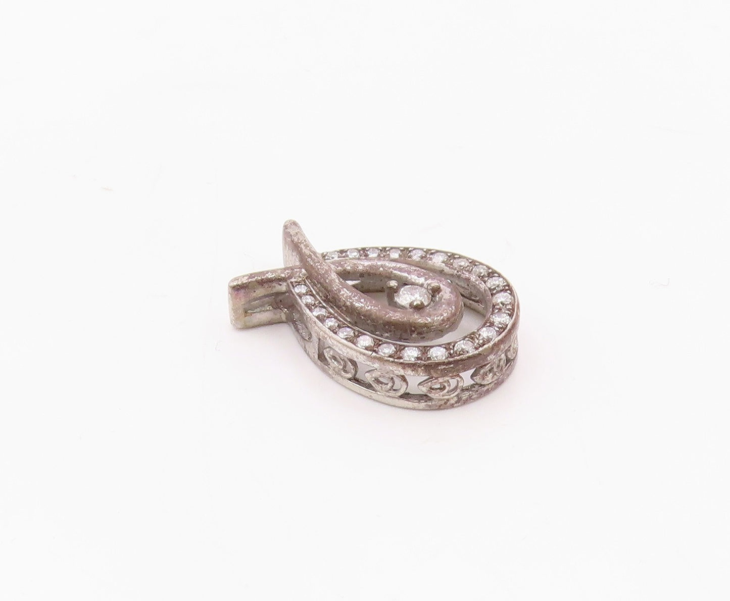 925 Sterling Silver  Vintage Genuine Diamonds Open Tear Drop Pendant  PT19616