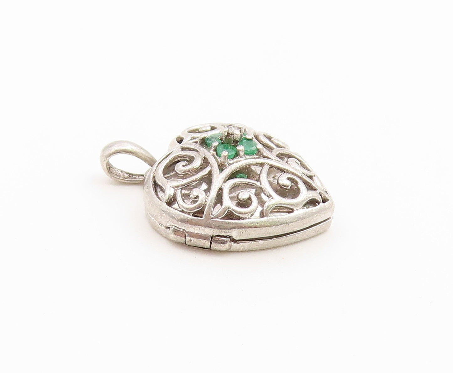 925 Sterling Silver Vintage Pendant Emerald Openwork Love Heart OPENS  PT26647