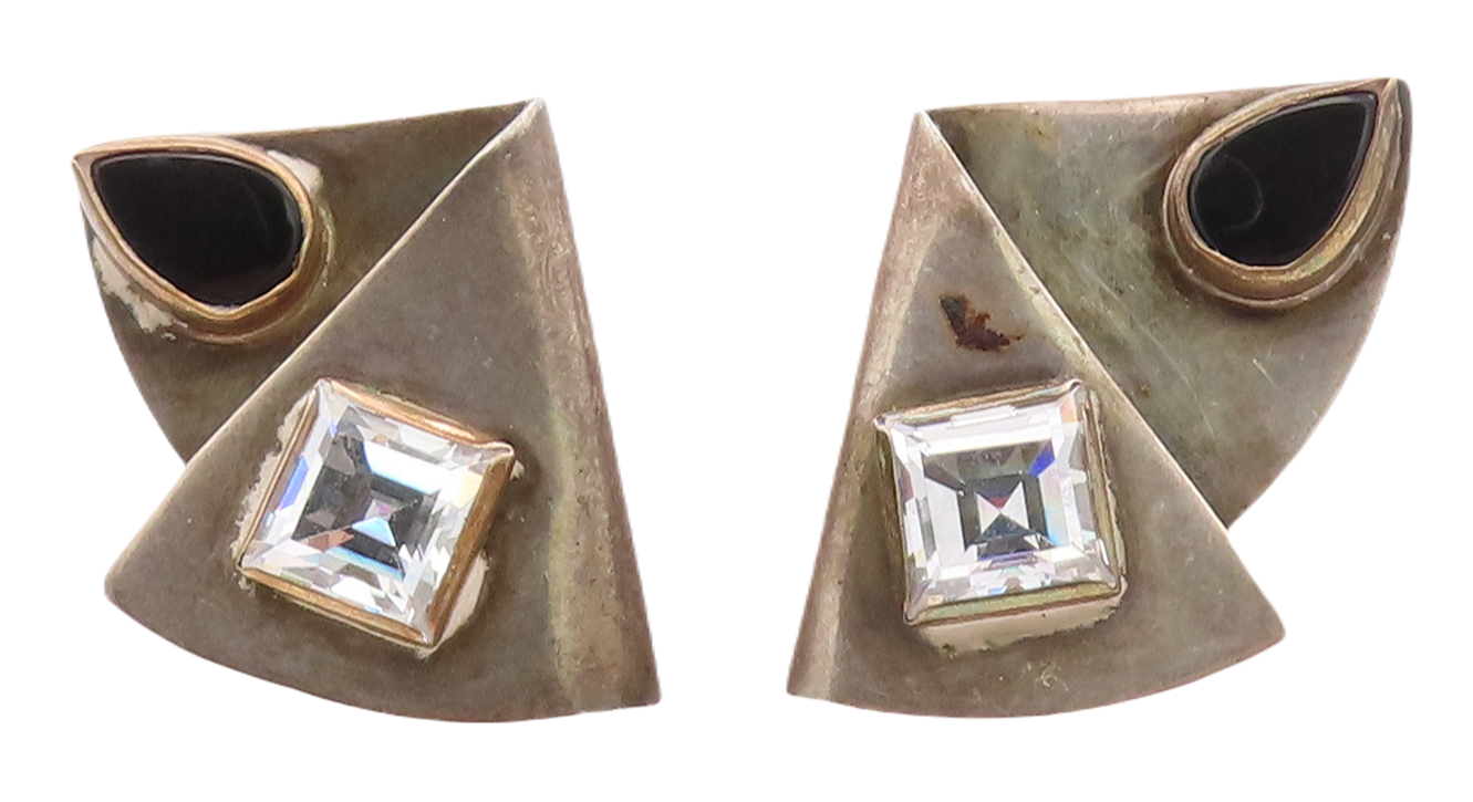 925 Sterling Silver Vintage Earrings Designer Square CZ & Triangle Onyx  EG13014