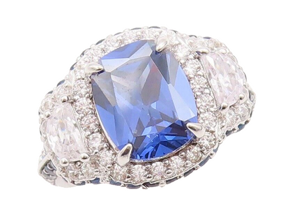 925 Sterling Silver Vintage Ring Designer Blue & White CZ Inlay  Sz 7  RG29594