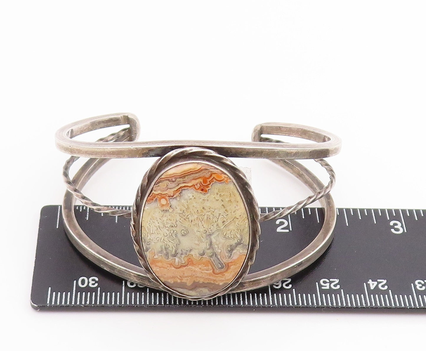 925 Sterling Silver Vintage Bracelet SOUTHWESTERN Cabochon Agate Cuff BT11654
