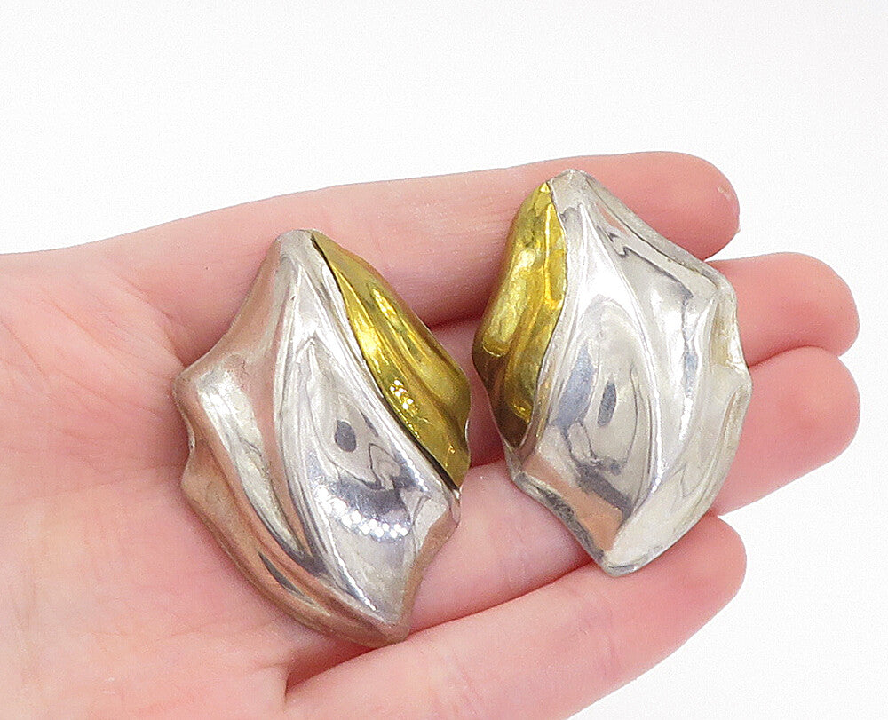 MEXICO 925 Sterling Silver  Vintage 2 Tone Hollow Non Pierce Earrings  EG2808