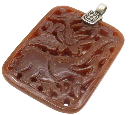 925 Sterling Silver  Vintage Elephant Scene Carved Red Jade Pendant  PT10663