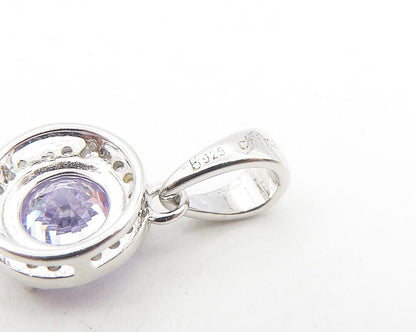 925 Sterling Silver  Purple & White Cubic Zirconia Round Drop Pendant  PT9200