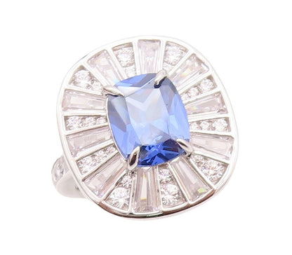 925 Sterling Silver Vintage Ring Blue & White Topaz Floral Inay  Sz 7  RG29931