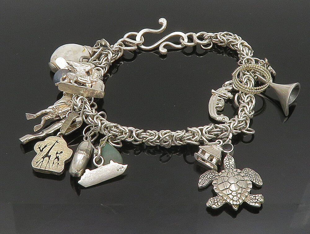 LIZ RON 925 Silver  Vintage Turtle Bear Paw & Multi Charm Bracelet  BT9392