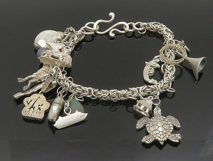 LIZ RON 925 Silver  Vintage Turtle Bear Paw & Multi Charm Bracelet  BT9392