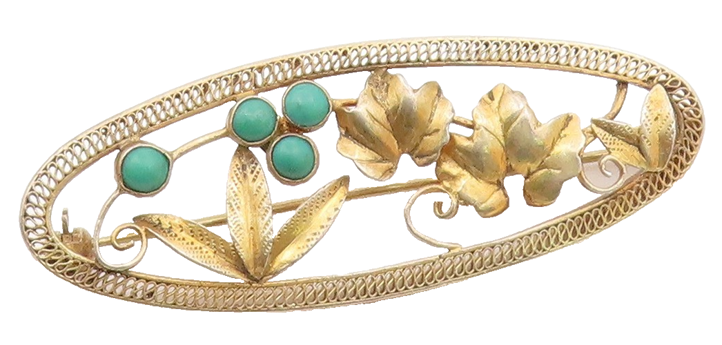925 Sterling Silver  Vintage Petite Turquoise Floral Leaf Brooch Pin  BP8677
