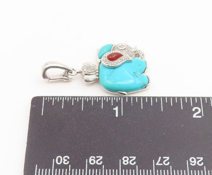 925 Sterling Silver Vintage Pendant Real Diamonds & Turquoise Elephant  PT26613