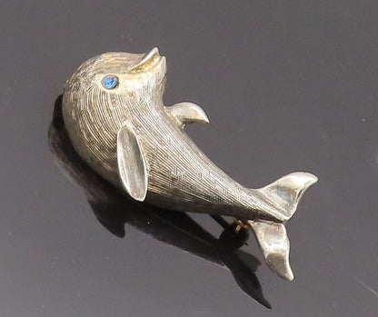 925 Sterling Silver Vintage Brooch Pin CREED Carved Blue Topaz Dolphin  BP10671