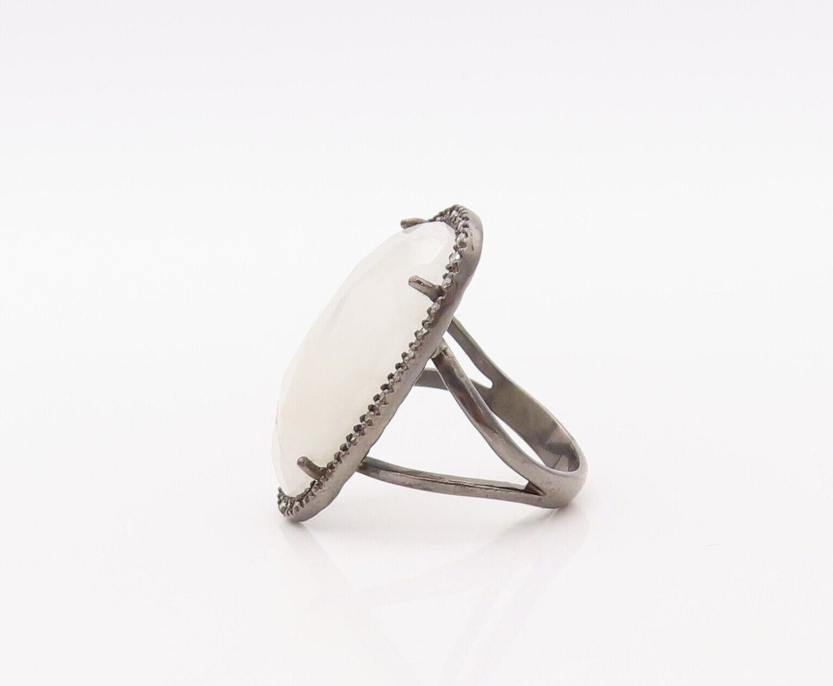 925 Sterling Silver Vintage Ring Diamonds & Large Oval Moonstone  Sz 7  RG30298
