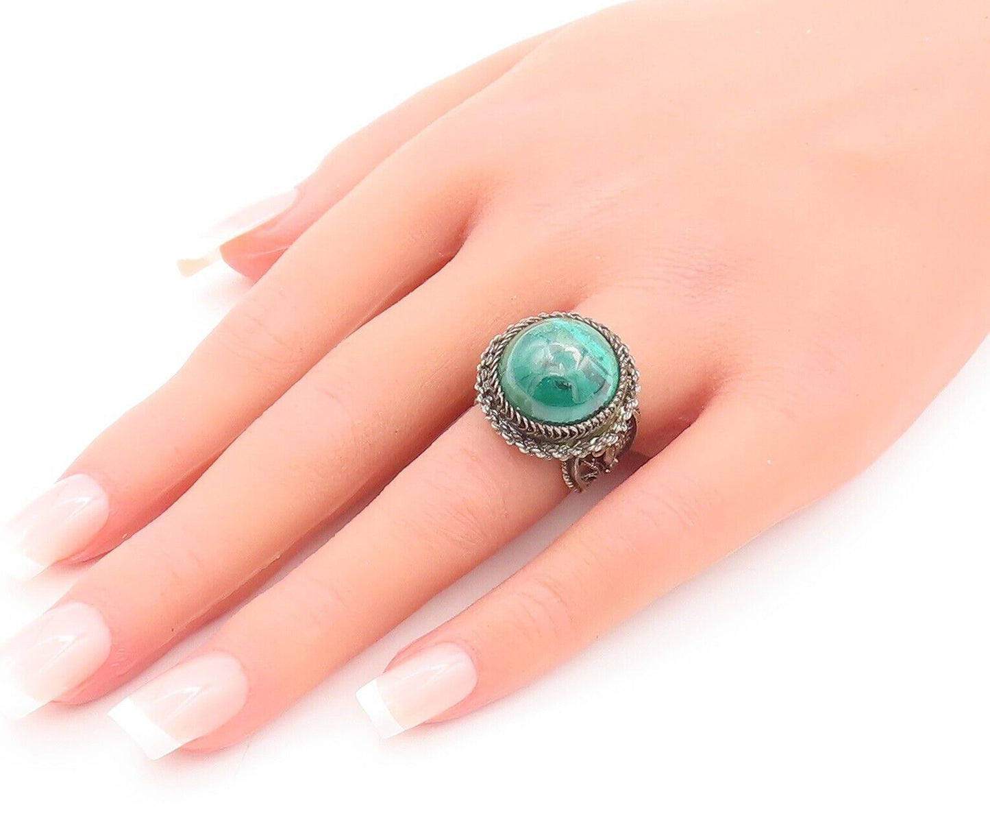 925 Sterling Silver Vintage Ring ISRAEL Floral Cutout Malachite  Sz 5.5  RG28486