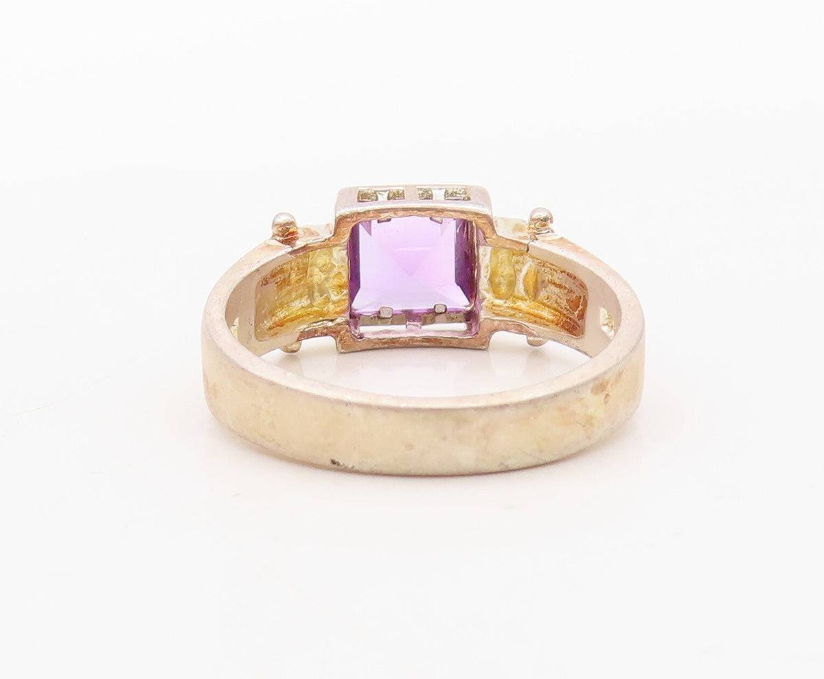 925 Sterling Silver Vintage Ring Hinged Square Cut Amethyst  Sz 7  RG31118