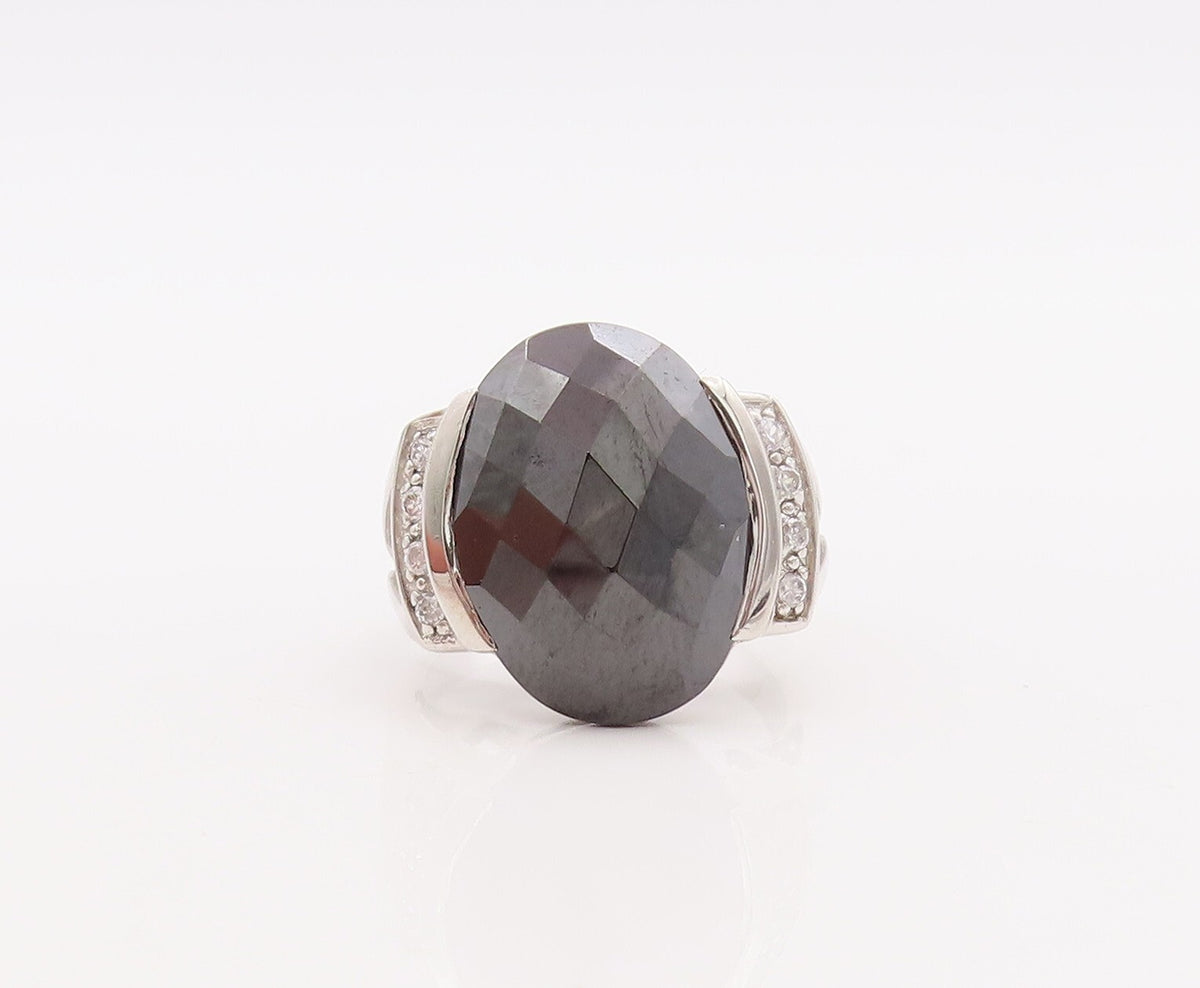 925 Sterling Silver Vintage Ring Oval Cut Onyx & CZ Inlay  Sz 7.5  RG29869
