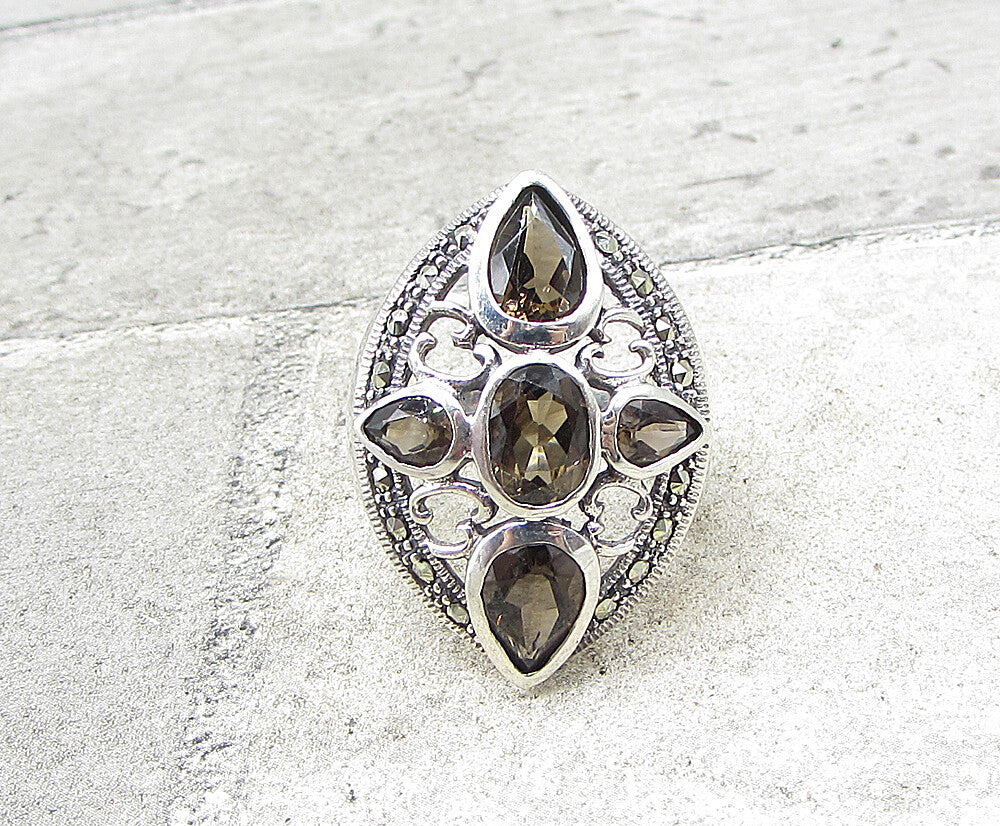 925 Sterling Silver Smoky Quartz & Marcasite Cross Cocktail Ring Sz 8.5 RG1960